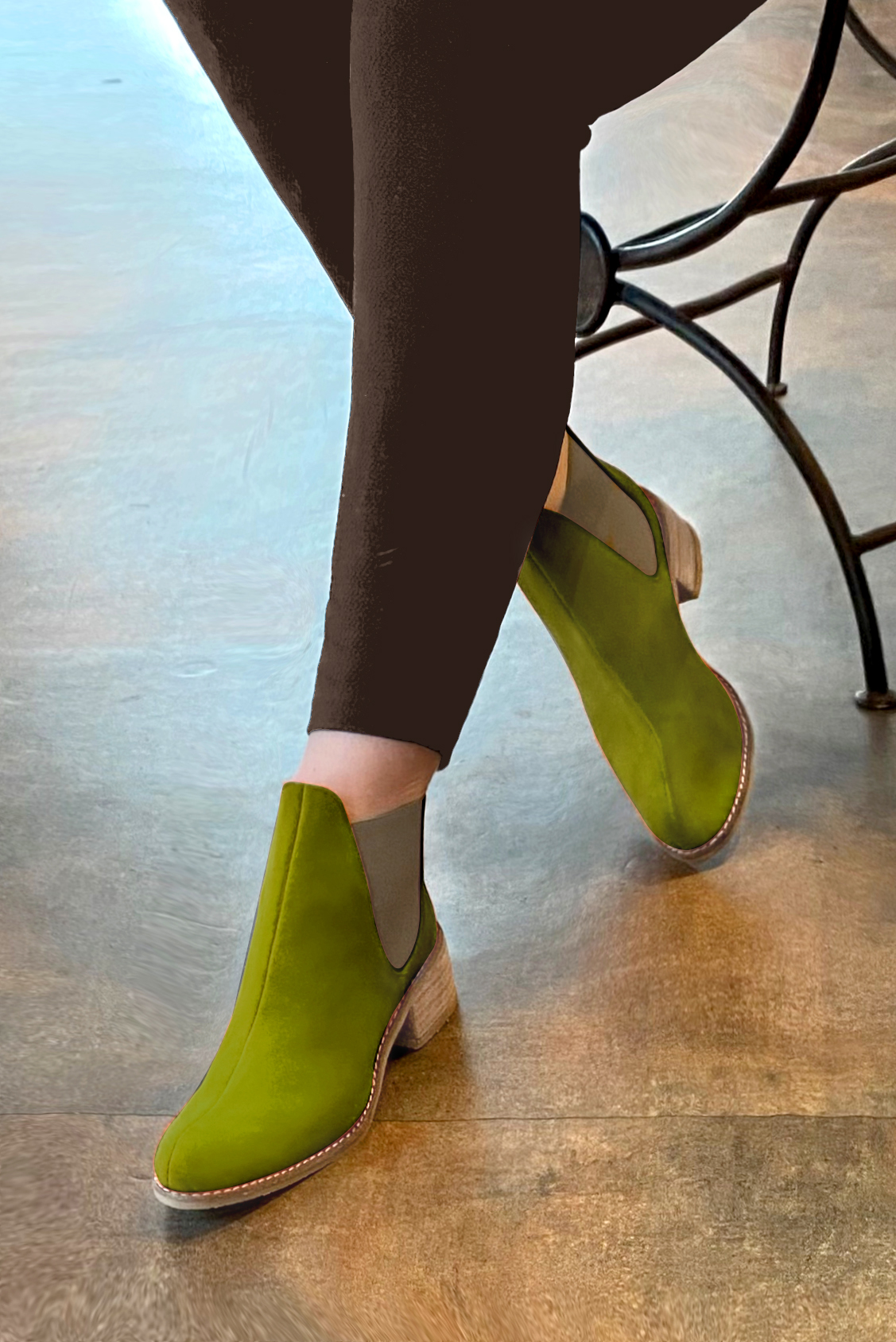 Pistachio green and bronze beige women's ankle boots, with elastics. Round toe. Low leather soles. Worn view - Florence KOOIJMAN
